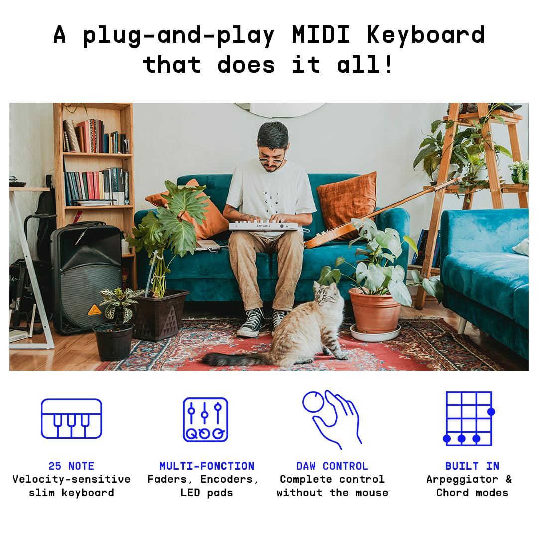 Arturia - MiniLab 3 - Controlador MIDI Universal para Producción Musical, con Paquete de Software Todo en Uno - 25 Teclas, 8 Pads Multicolor - Negro