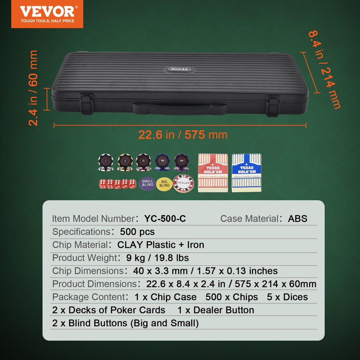 VEVOR Estuche de Póquer 500 Fichas de Póker de Clay y ABS 14g 40x3,3mm con 2 Barajas de Cartas Texas Holdem 1 Botón de Distribuidor y 2 Botones Ciegos para Juegos de Apuestas Blackjack Casino en Casa