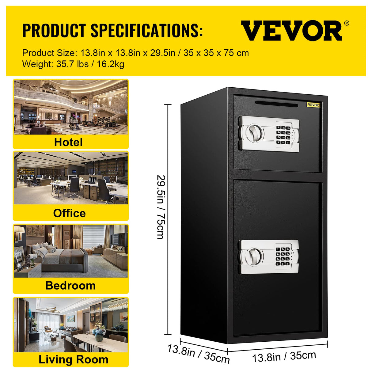 BuoQua Caja Fuerte de Seguridad con Llave de 75 x 34 x 34 cm, Caja de Seguridad Digital con Cerradura de Seguridad BXG-052, Caja Fuerte Digital de Hierro Fuerte de 33 ", Diseño 2 en 1 Negro