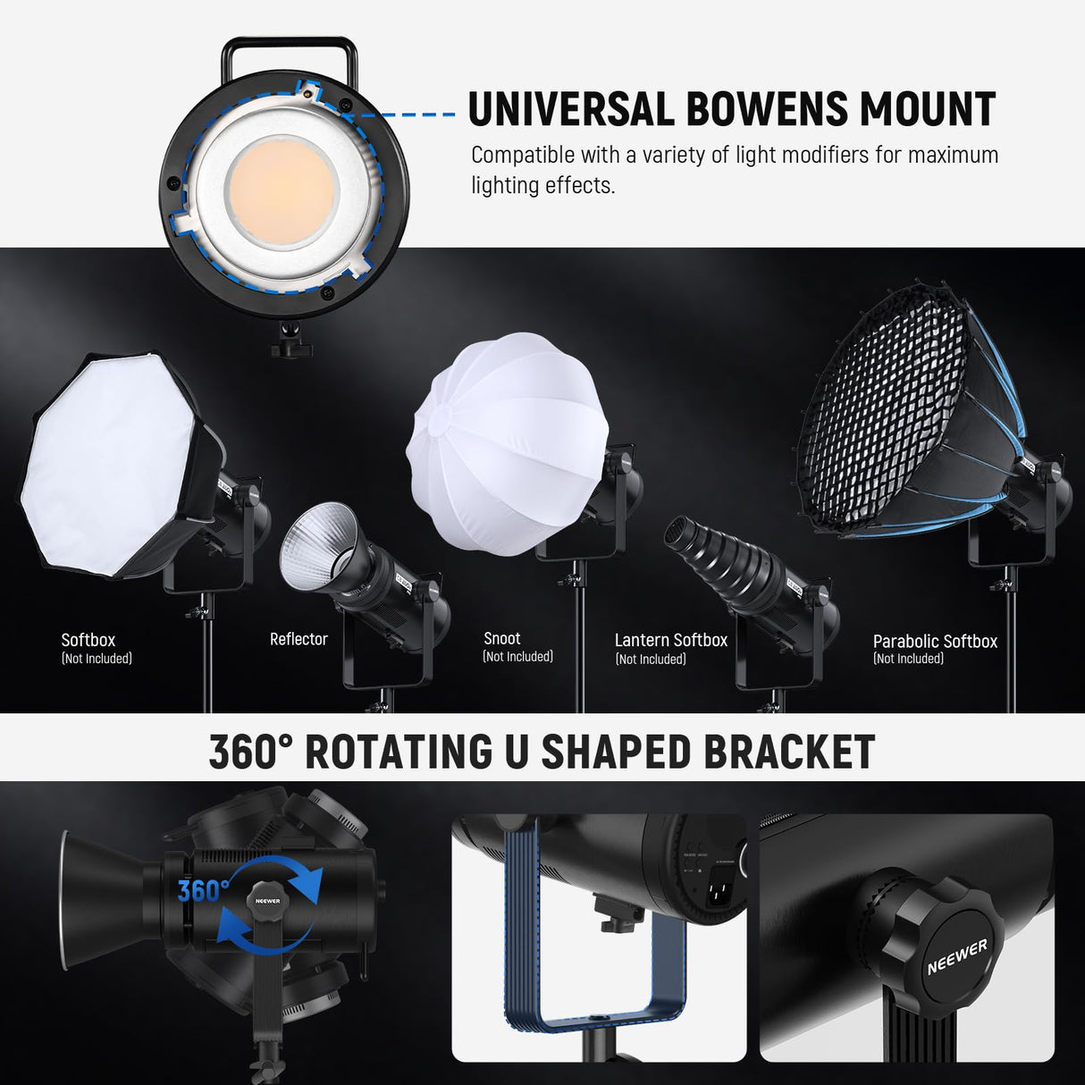 NEEWER 210W Luz Vídeo LED COB con Control 2,4G/App, Luz Continua Iluminación Continua Bicolor 2700K-6500K Grabación Fotografía Estudio con Montaje Bowens, 90000lux/1m, CRI/TLCI97+, GM ±50, CB200B Pro