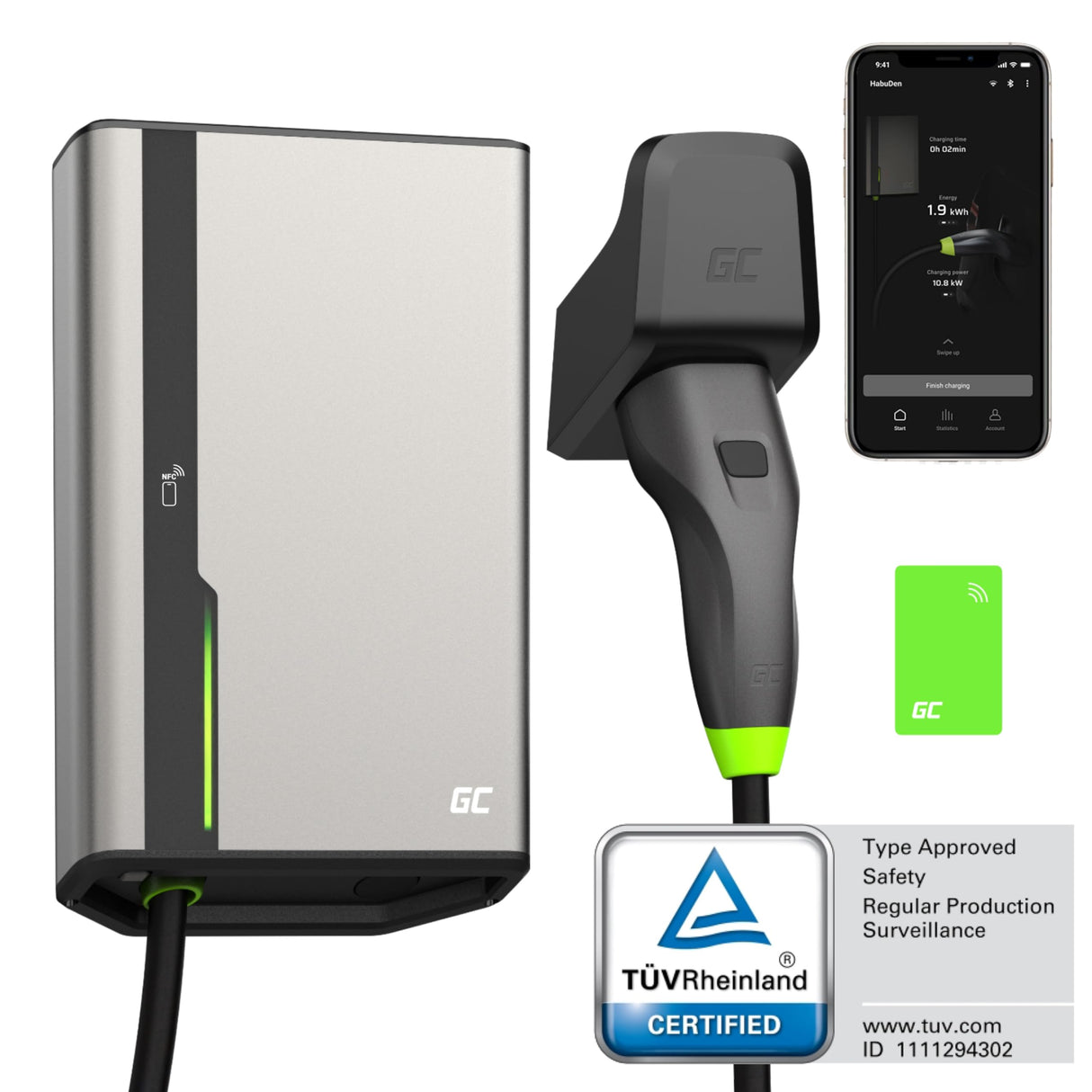 Green Cell GC HabuDen Wallbox 22kW 32A 7,5m NFC RFID Tipo 2 Cable EV Estación de Carga para Vehículos Eléctricos con GC App Bluetooth WiFi Carga de Coche con 22kW / 11kW / 7,2kW / 3,6kW