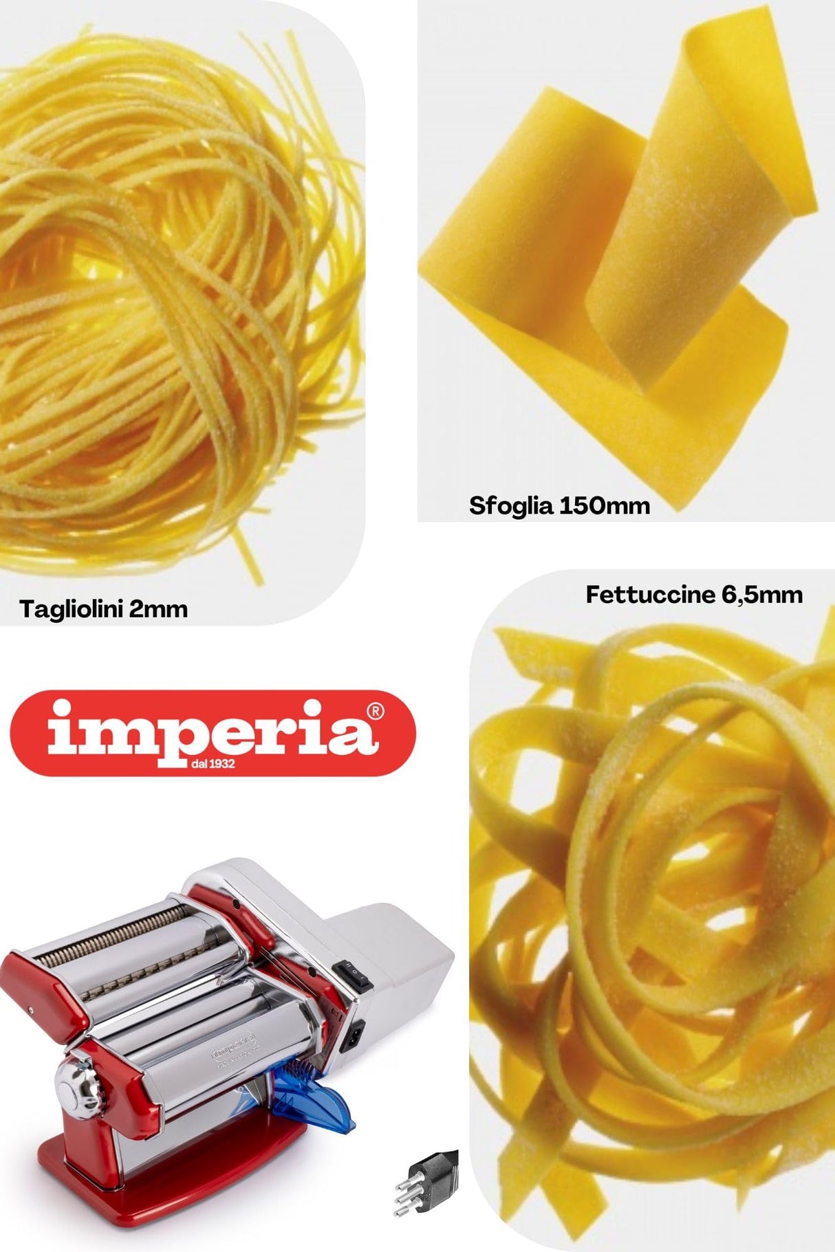 Imperia Electric Línea Clásica. Máquina de pasta eléctrica. Made in Italy. Máquina de pasta fresca en acero con motor eléctrico 220v. Laminadora eléctrica para lasagne, tagliolini, fettuccine. (Plata)