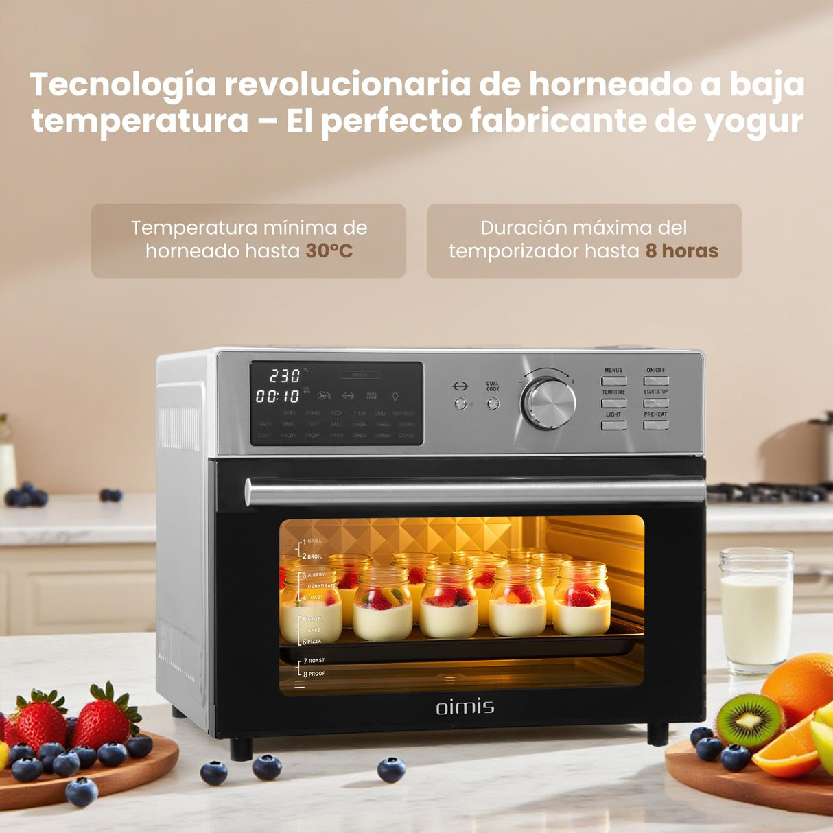 OIMIS Horno Freidora de Aire Caliente 30L, Freidora sin Aceite XXL 1800W, Multifunción sin Aceite 21 Programas, 30 a 230°C,con Mantener Caliente, 7 Accesorios con Recetas