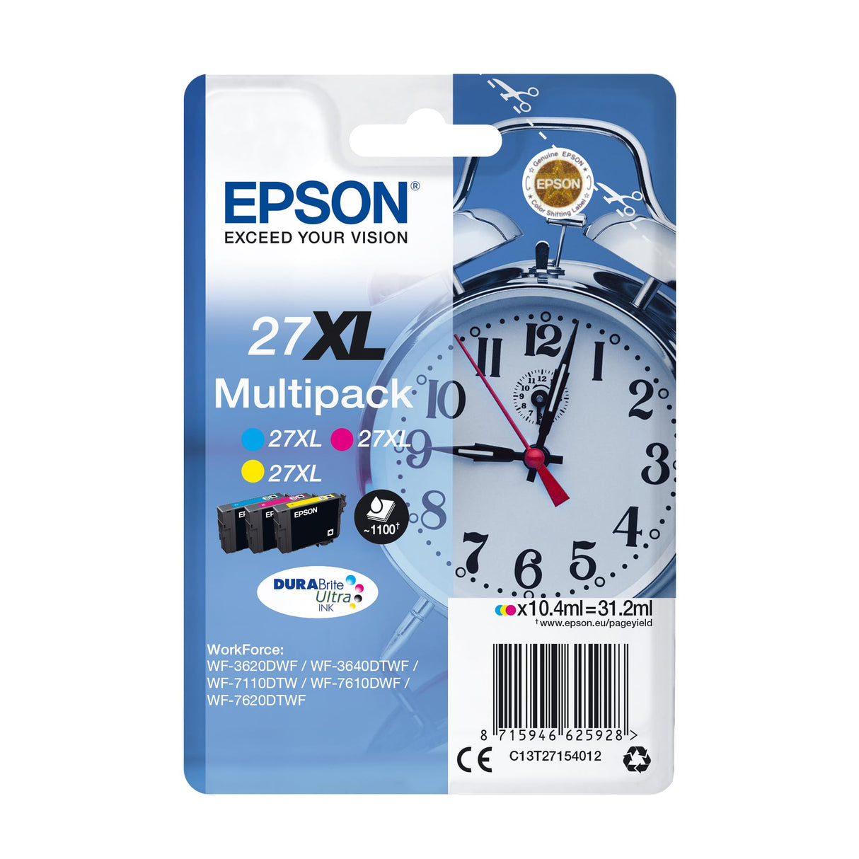 Epson Reloj despertador Multipack 27XL, cartuchos de tinta XL originales de alta capacidad, cian, magenta, amarillo, WF-3620DWF/WF-3640DTWF/WF-7110DTW/WF-7210DTW/WF-7610DWF/WF-7620DTWF/WF-7710DWF/WF-7710DWF/WF-7715DWF/WF-7720DTWF