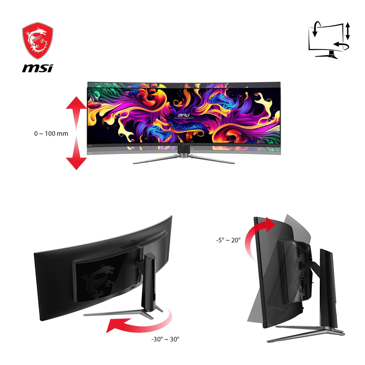 MSI MPG 491CQPA QD-OLED Monitor Curvo de 49 Pulgadas DQHD Gaming - 1800R, 5120 x 1440 Quantum Dot OLED Panel, 240Hz/0.03ms, 99% DCI-P3, ΔE ≤2,DisplayHDR True Black 400, KVM - DP 1.4a, HDMI 2.1