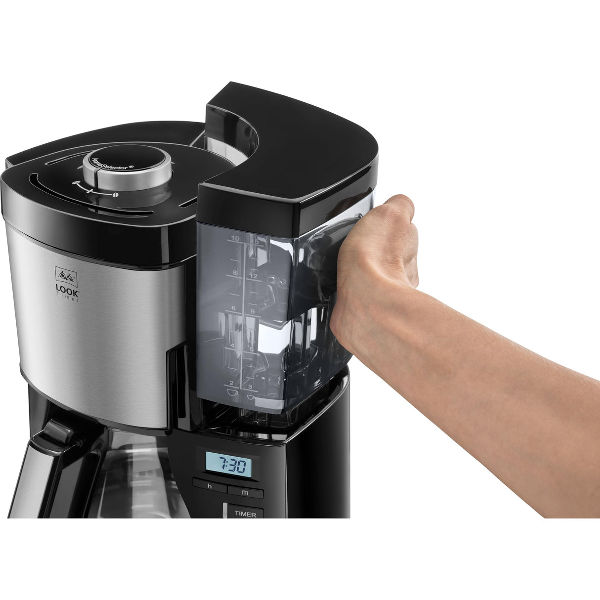 Melitta Cafetera de filtro, modelo Look V Timer, número de modelo 1025-08, acero inoxidable, negro