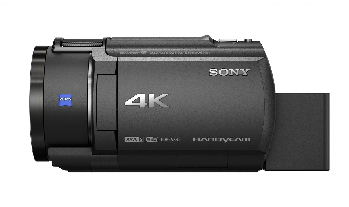 Sony Handycam FDR-AX43 - Videocámara (pantalla de 3" giratoria, grabación 4K Ultra HD, lente Zeiss Vario-Sonnar 26.8 mm, zoom óptico 20x, Balanced Optical SteadyShot, selfies, videos en casa y viajes)