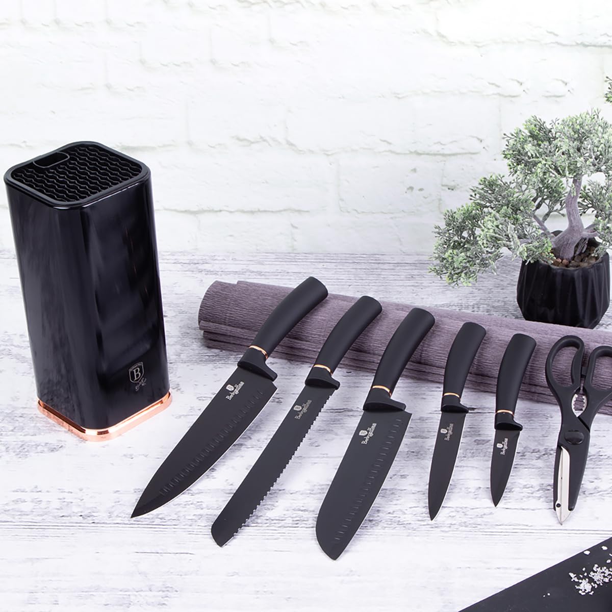 6 piezas. BERLINGER HAUS BH-2422 - Juego de cuchillos de cocina con soporte, color negro y rosa