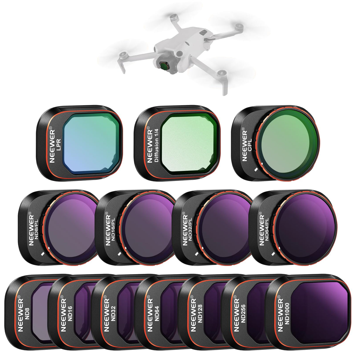NEEWER Juego de filtros compatibles con dji Mini 4 Pro, 14 Unidades, Filtro ND polarizado, ND8 ND16 ND32 ND64 ND128 ND256 ND1000 ND8/PL ND16/PL ND32/PL ND64/PL Black Diffusion 1/4 Inch quinamento