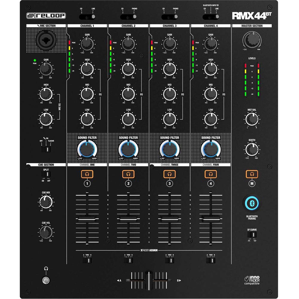 Reloop AMS-RMX-44 BT Mezclador para DJ de club con 4 canales y con Bluetooth con Filtro de sonido, unidad de filtro bipolar con LPF y HPF
