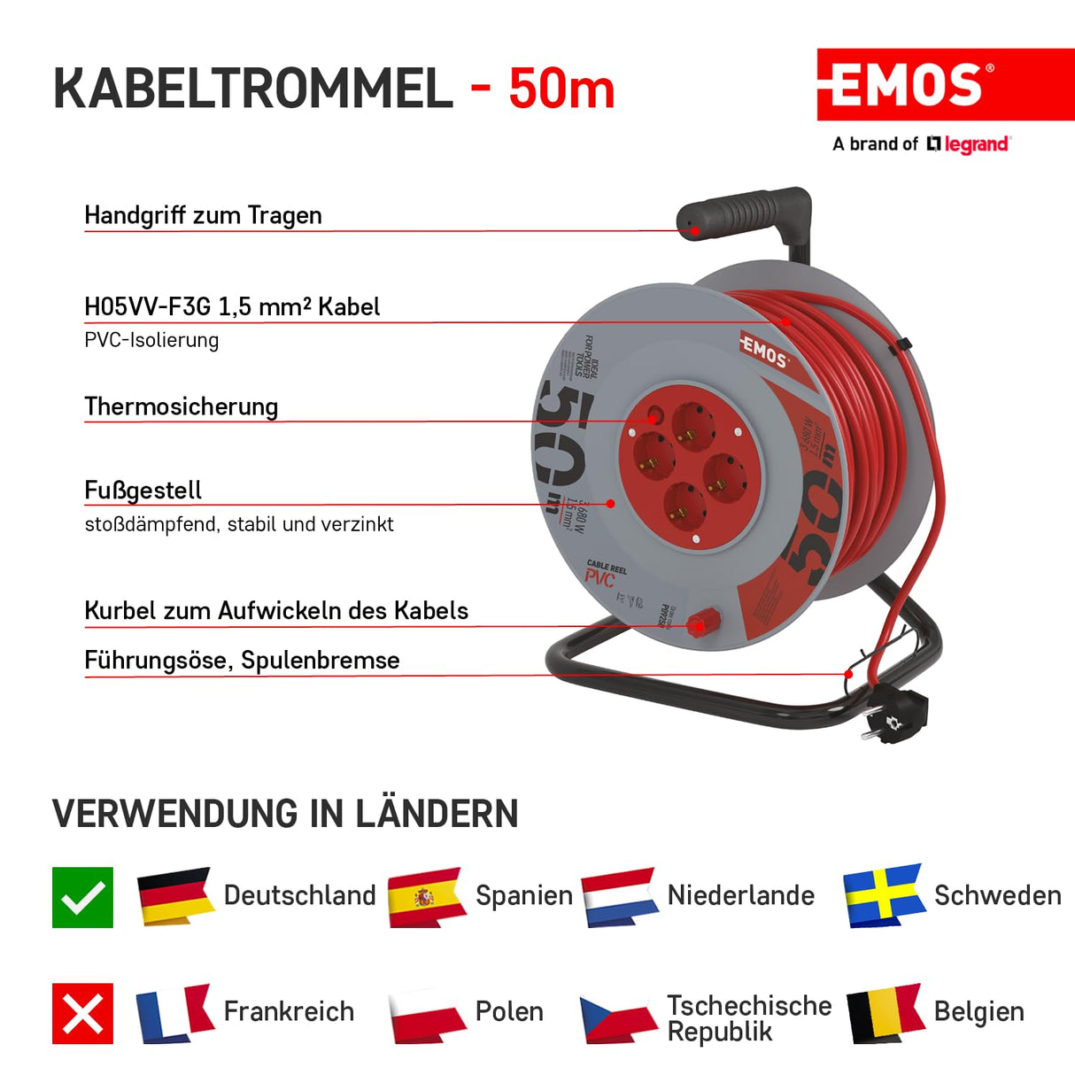 EMOS - Tambor de Cable de 50m - 4 enchufes Schuko - 230 V, 16 A, 3680 W - Aislamiento PVC H05VV-F3G 1,5 mm2 - Protección contra sobrecalentamiento - IP20 para Interiores