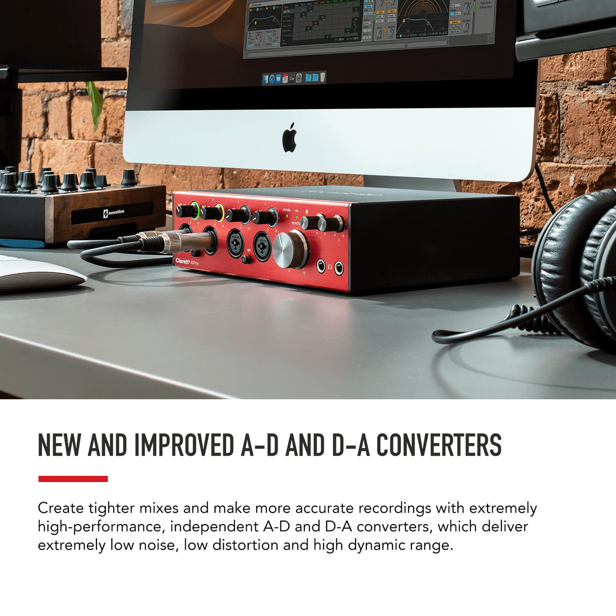 Interfaz de audio USB Clarett+ 4Pre de Focusrite para artistas. Los cuatro preamplificadores de micrófono con distorsión y ruido bajos aportan un sonido real