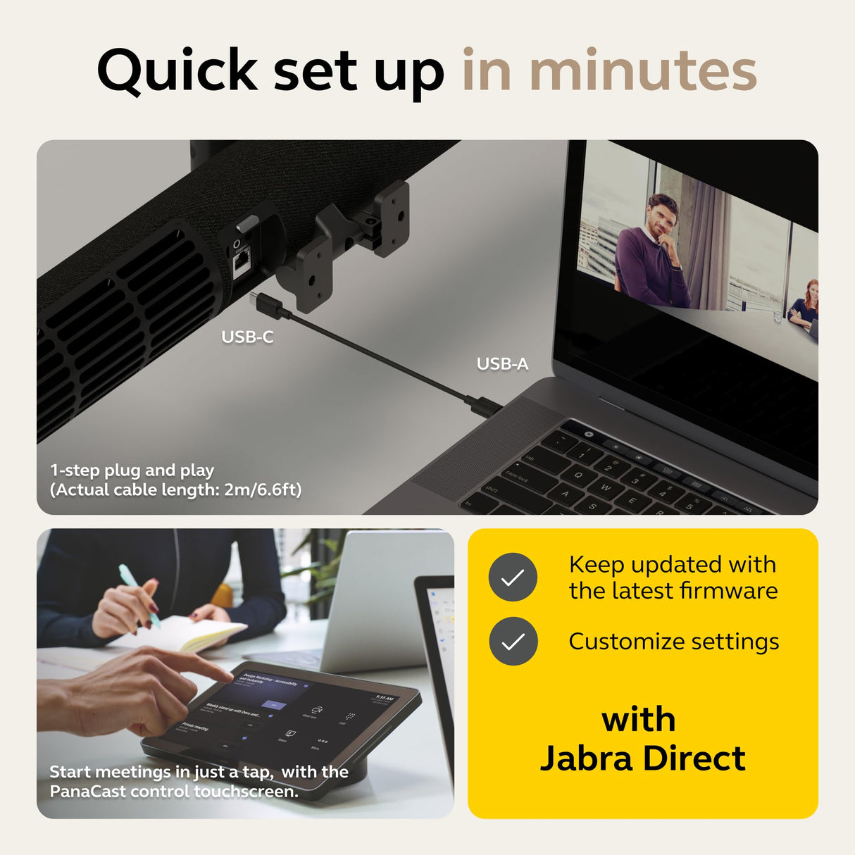 Jabra PanaCast 50 VBS - Salas preseleccionadas de Microsoft Teams - Android, visión panorámica 4K de 180°, Zoom Inteligente, Funciones de reunión, 4 potentes Altavoces, micrófonos con Panel táctil