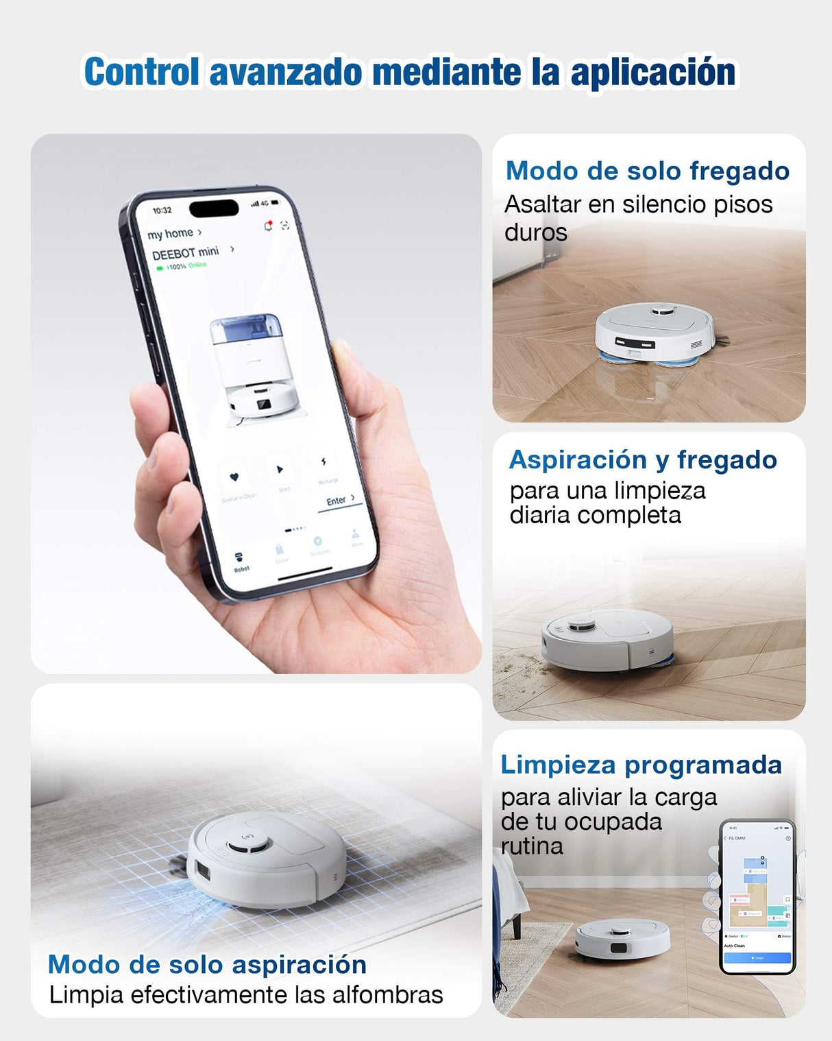ECOVACS DEEBOT Mini Robot Aspirador y fregasuelos, succión de 9000 Pa, Antienredos ZeroTangle 2.0, TrueMapping 2.0, Secado a 45 ℃, autovaciado, fregado Inteligente, autolimpieza, Azul