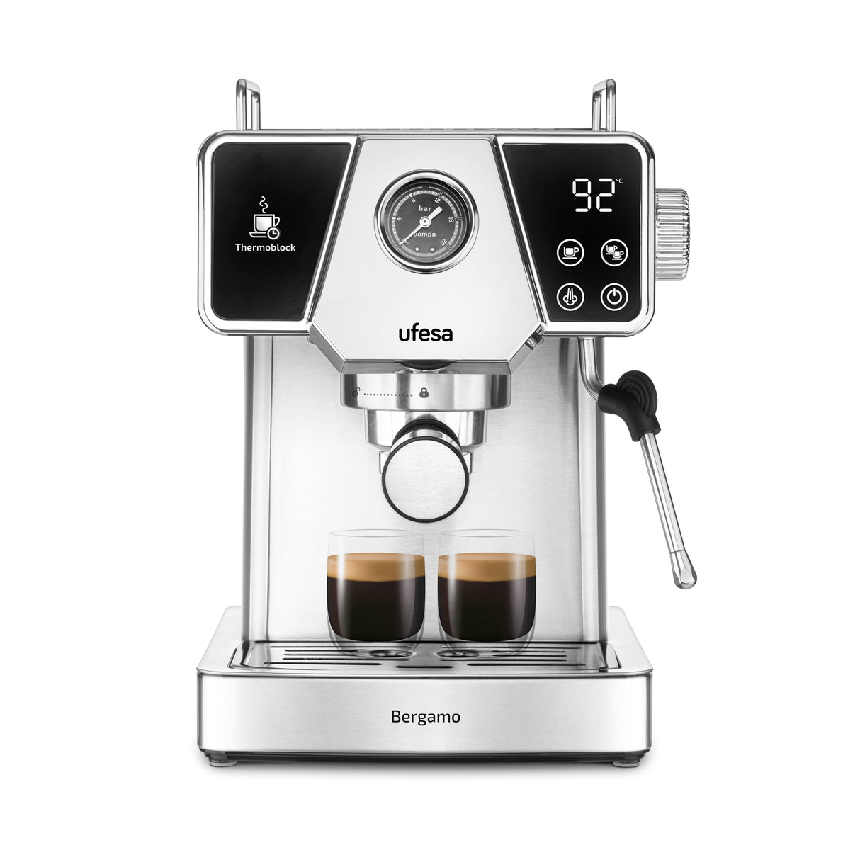 Ufesa Bergamo Cafetera Expresso y Capuccino con Manómetro, 20 Bares, 1350W, Panel Táctil, Vaporizador Orientable, Sistema Thermoblock, Depósito 1.8L, 1 o 2 Cafés, Inox