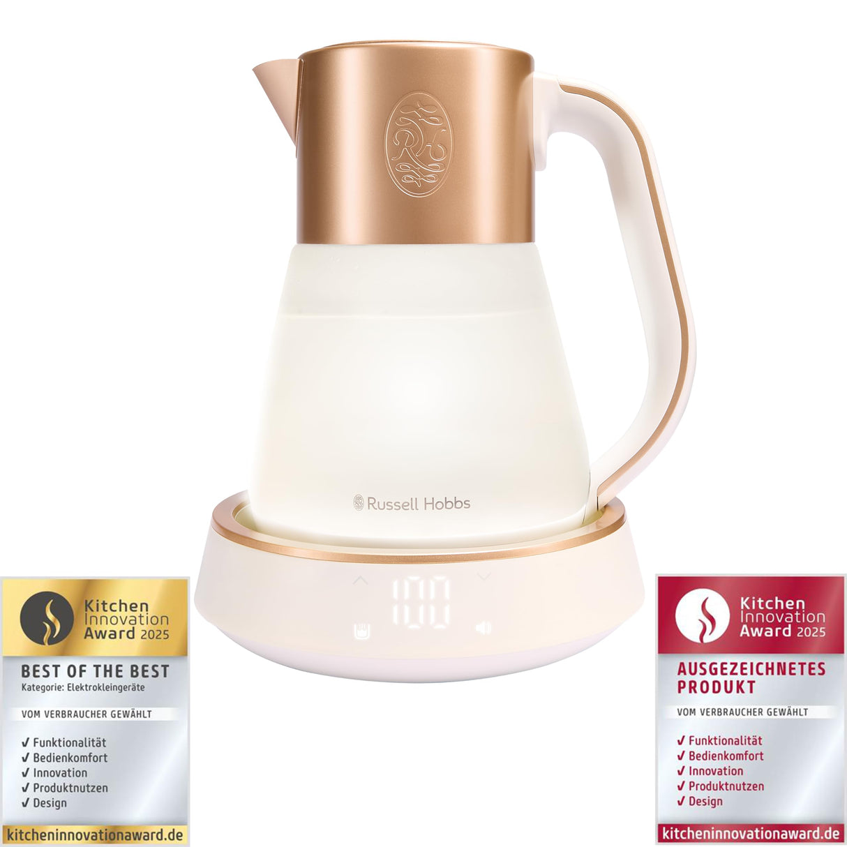 Russell Hobbs 27450-70 Hervidor de Agua Eléctrico de vidrio, 1,7L, temperatura regulable 40-100°C, Calm Iluminiación integra, música y sonidos relajantes, control táctil, 2400W
