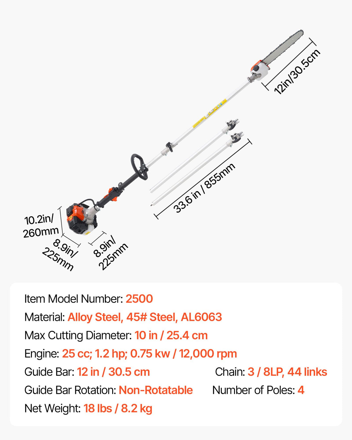VEVOR Motosierra de Pértiga a Gasolina, Motosierra Inalámbrica de 25 cc y 2 Tiempos con Barra de Corte de 30,5 cm, Tanque de Combustible de 650 ml y Extensible de 2,12-3,62 m para Podar Árboles