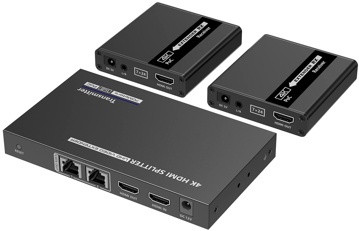 PremiumCord 4K HDMI 1-2 Splitter + Extensor vía Cat6/6a/7, Ultra HD 4K @ 30Hz a 70m, Carcasa Metálica, 2 Receptores con Fuente de Alimentación, Dolby TrueHD, 3D, EDID, CEC, HDCP2.2