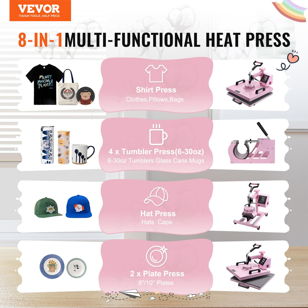 VEVOR 5 en 1 Máquina de Prensado por Calor con Prensa de Vaso de 887ml, 380 x 380 mm, Prensa Térmico con Giro de 360° y Control Digital Preciso para Camisetas, Tazas, Sombreros y Platos, Rosa