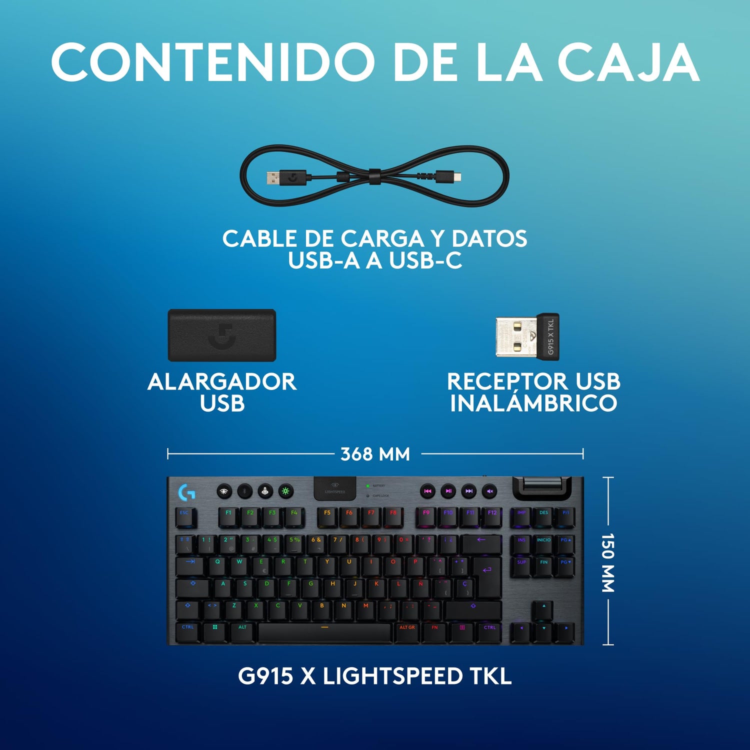 Logitech G G915 X LIGHTSPEED TKL, Teclado para gaming inalámbrico de perfil bajo, teclas de PBT de doble moldeado, elegante acabado aluminio, clic perceptible azul GL -PC/Mac, QWERTY US INT'L - Negro