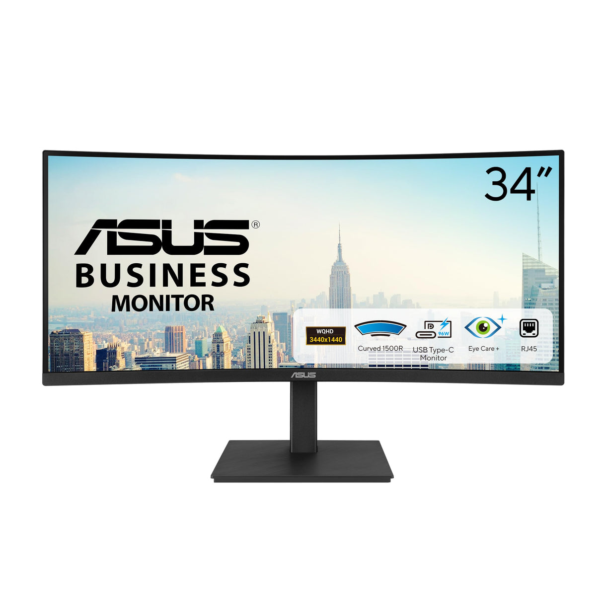ASUS VA34VCPSR - Monitor Docking de 34", WQHD (3440x1440), Curvatura 1500R, Sin Marco, USB-C PD 96W, RJ45, USB Hub, Luz Azul Baja, Antiparpadeo, Diseño ergonómico, Montable en Pared, Sostenibilidad