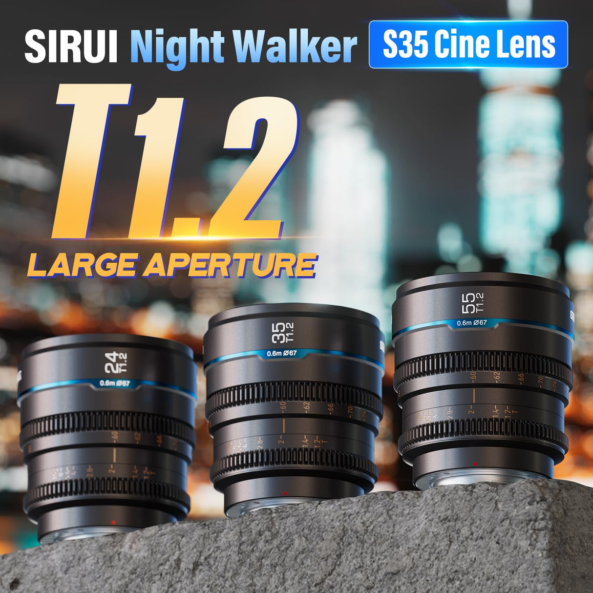 SIRUI Night Walker Lente de Cine con Enfoque Manual Set, 24mm, 35mm, 55mm, Lente de Gran Apertura T1.2 con Montura S35 para E Montura Cameras, FX30, ZV-E10, A6400, A6700 (MS-3SEG, Gris)