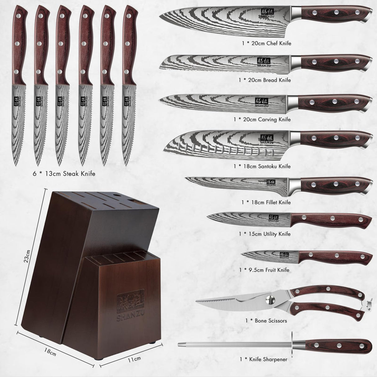 SHAN ZU Juego de Cuchillos Cocina, 16 Piezas Set Cuchillos Cocina Profesional de Acero Inoxidable de Alto Carbono, Juego de Cuchillos con Bloque de Madera, Afilador, Cuchillo de Chef, Santoku, Tijeras