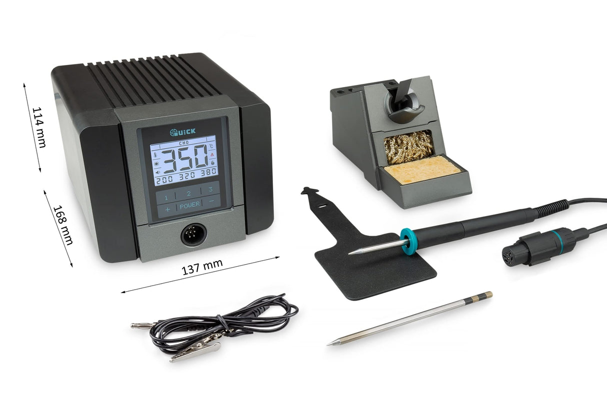 Quick TS1200 - Estación de soldadura ESD (120 W, incluye soldador con punta de cartucho de 1 mm y accesorios SMD, estación de soldadura para industria, laboratorio, escuela y hobby en 7 s a 350 °C)