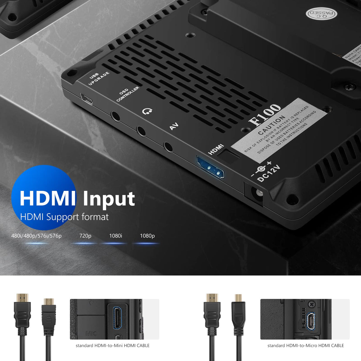 NEEWER F100 7 Pulgadas Monitor de Campo de Cámara HD Asistente de Video Delgado IPS 1280x800 4K Entrada HDMI 1080p con 2600 mAh Li-ion Catería/Cargador USB, Estuche de Transporte para Cámaras DSLR