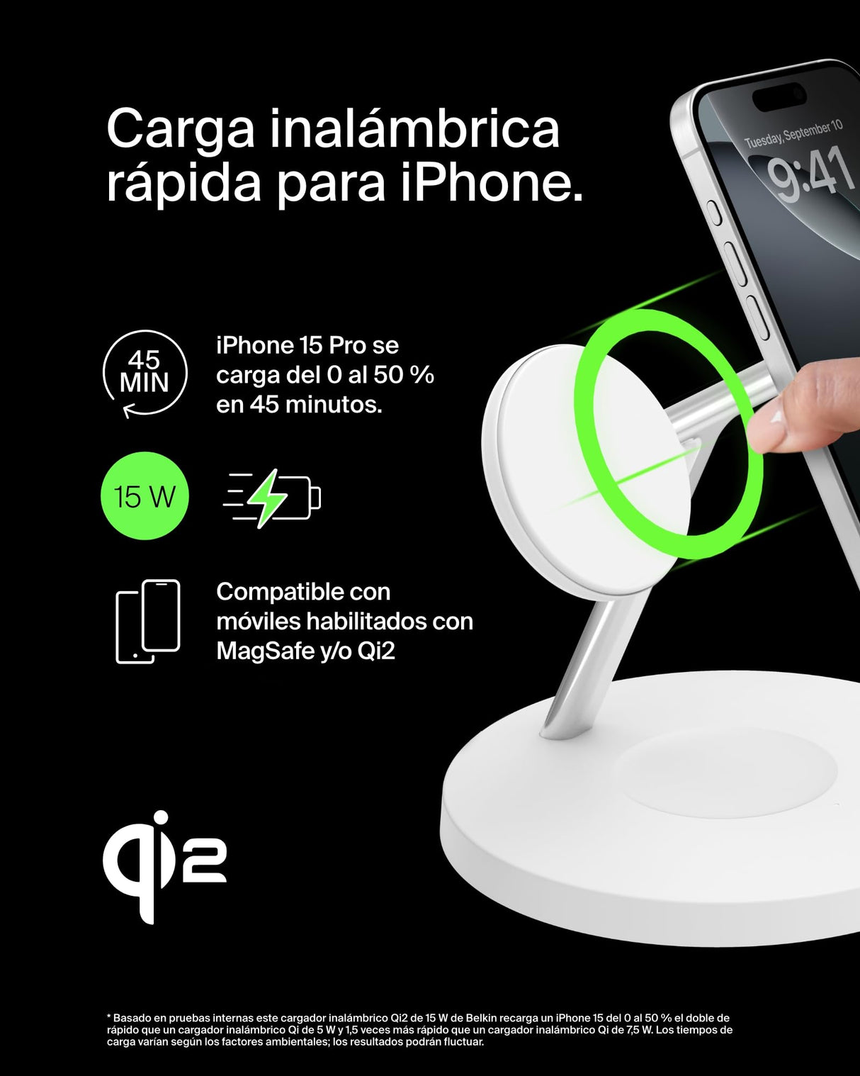 Belkin BoostCharge cargador Qi2 3 en 1, estación de carga inalámbrica con MagSafe, base de carga Qi2 para iPhone 16 Series, Apple Watch, AirPods, soporte antideslizante, fuente de alimentación, Blanco