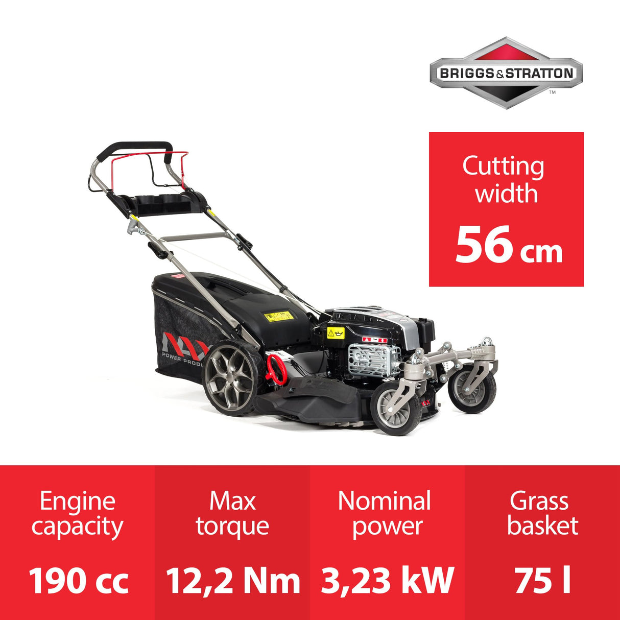 NAX POWER PRODUCTS Motor Briggs & Stratton 5000S Serie 875Exi 190 cm3 ReadyStart Ancho de corte 56 cm Cesta 75L Ruedas giratorias delanteras Cortacéspedes de tracción de gasolina