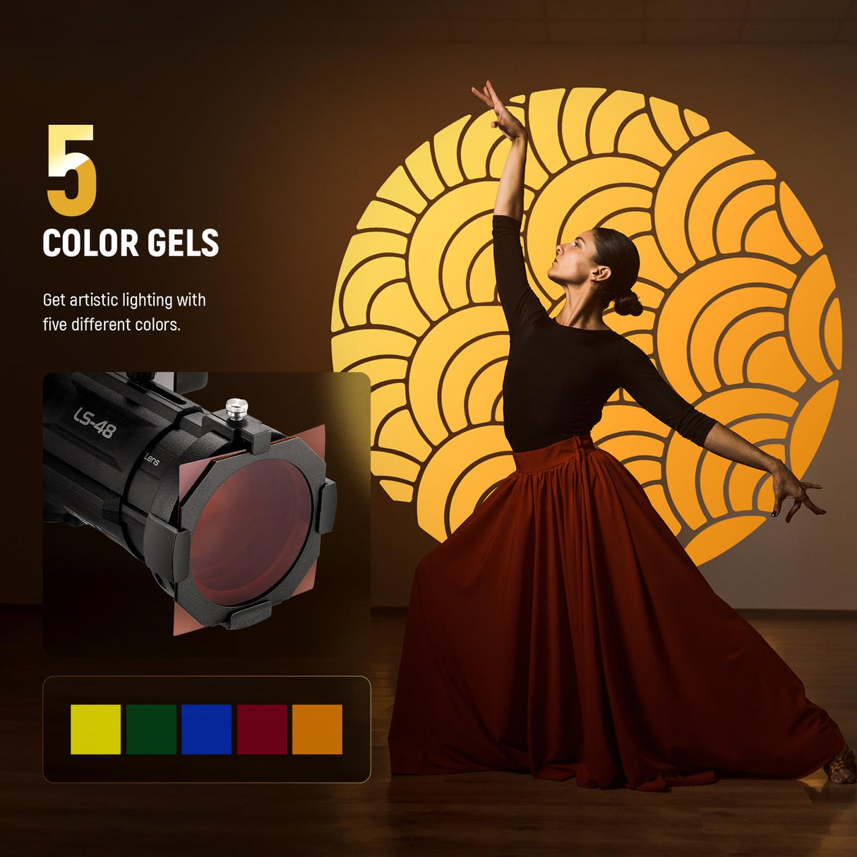 Neewer Soporte Snoot de 20°, Bolsa, Lente de proyección, Enfoque Ajustable, 16 gobos de Metal, 5 Geles de Color, Luz de Video LED Cónica Snoot MS Series(No para Montura Bowens), LS-48