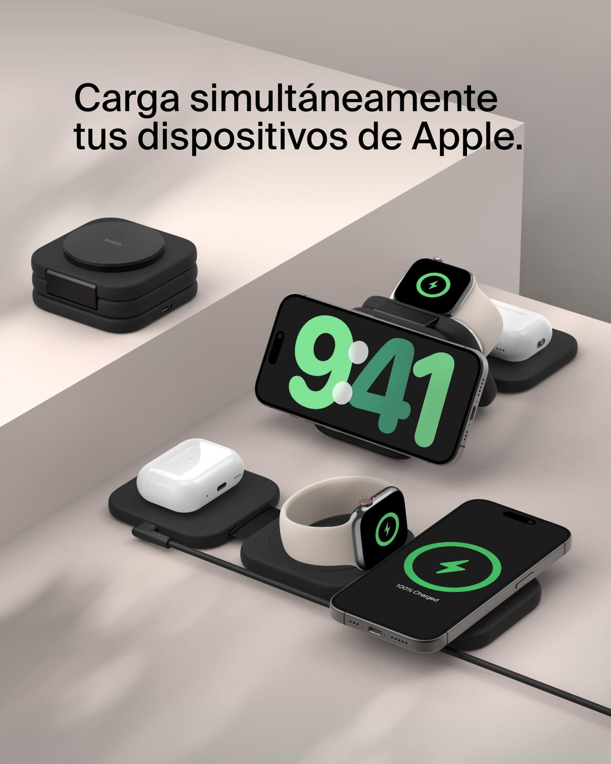 Belkin BoostCharge Pro Cargador inalámbrico Plegable 3 en 1 Qi2, Base de Carga magnética de Viaje 15 W, Soporte de Carga portátil con MagSafe para iPhone 16, 15, 14, Apple Watch 10 y AirPods