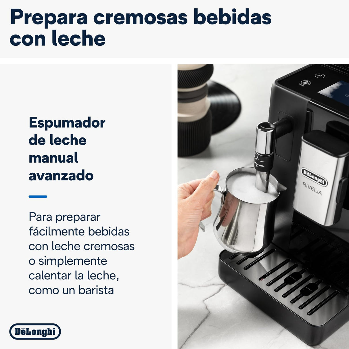 De'Longhi Rivelia EXAM440.35.B, Cafetera Superautomática con Espumador de Leche Manual, Tamaño Compacto, 8 Recetas, Pantalla Táctil a Color, Negro Ónix