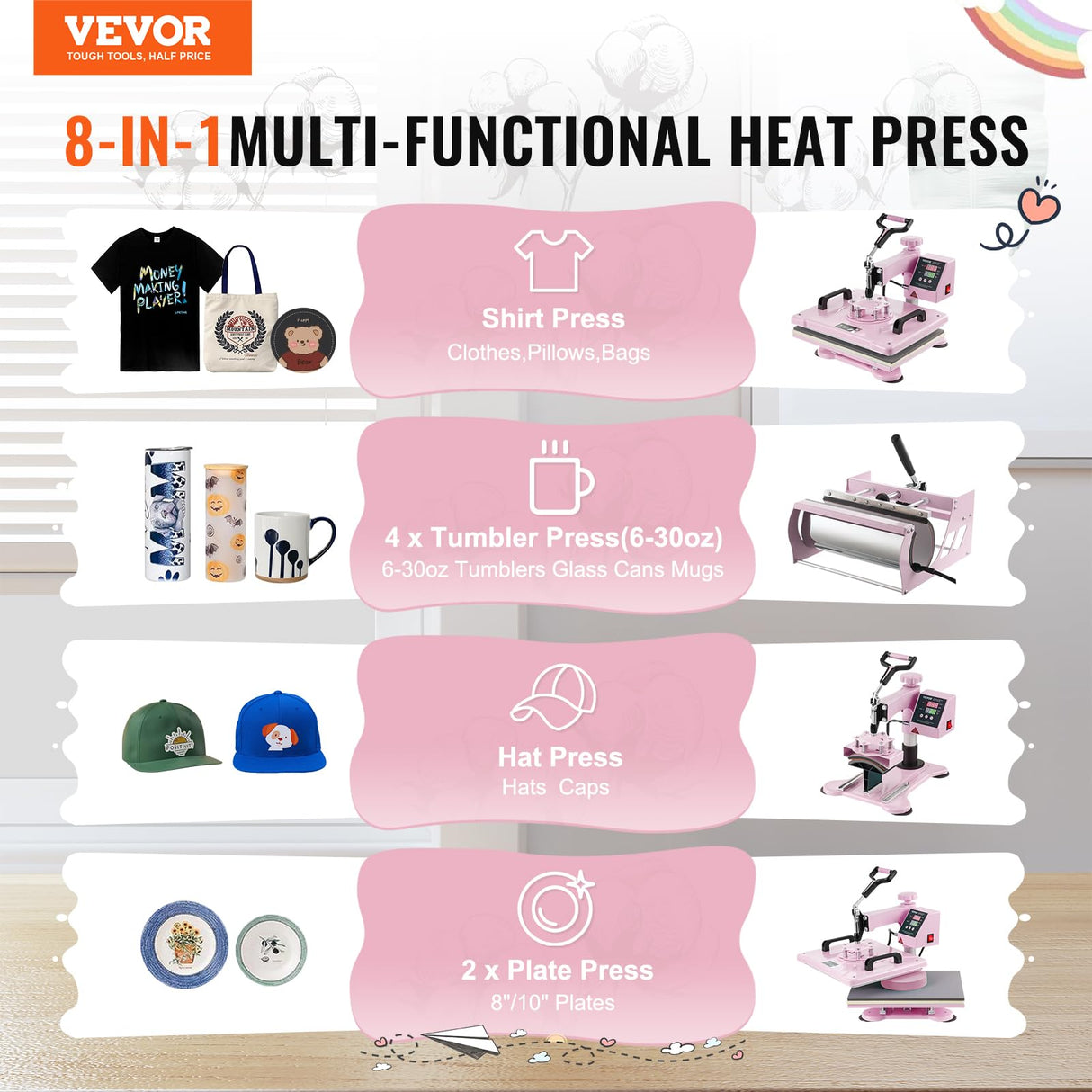 VEVOR 8 en 1 Máquina de Prensado por Calor con Prensa de Vaso de 325-887ml, 300 x 380 mm, Prensa Térmico con Giro de 360° con Control Digital Preciso para Camiseta, Taza, Sombrero y Plato, Rosa