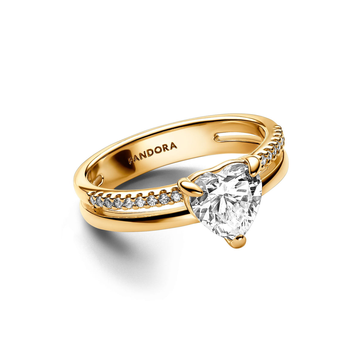 Pandora Timeless Anillo con diseño de corazón chapado en oro de 14 quilates con circonitas cúbicas transparentes, talla 56