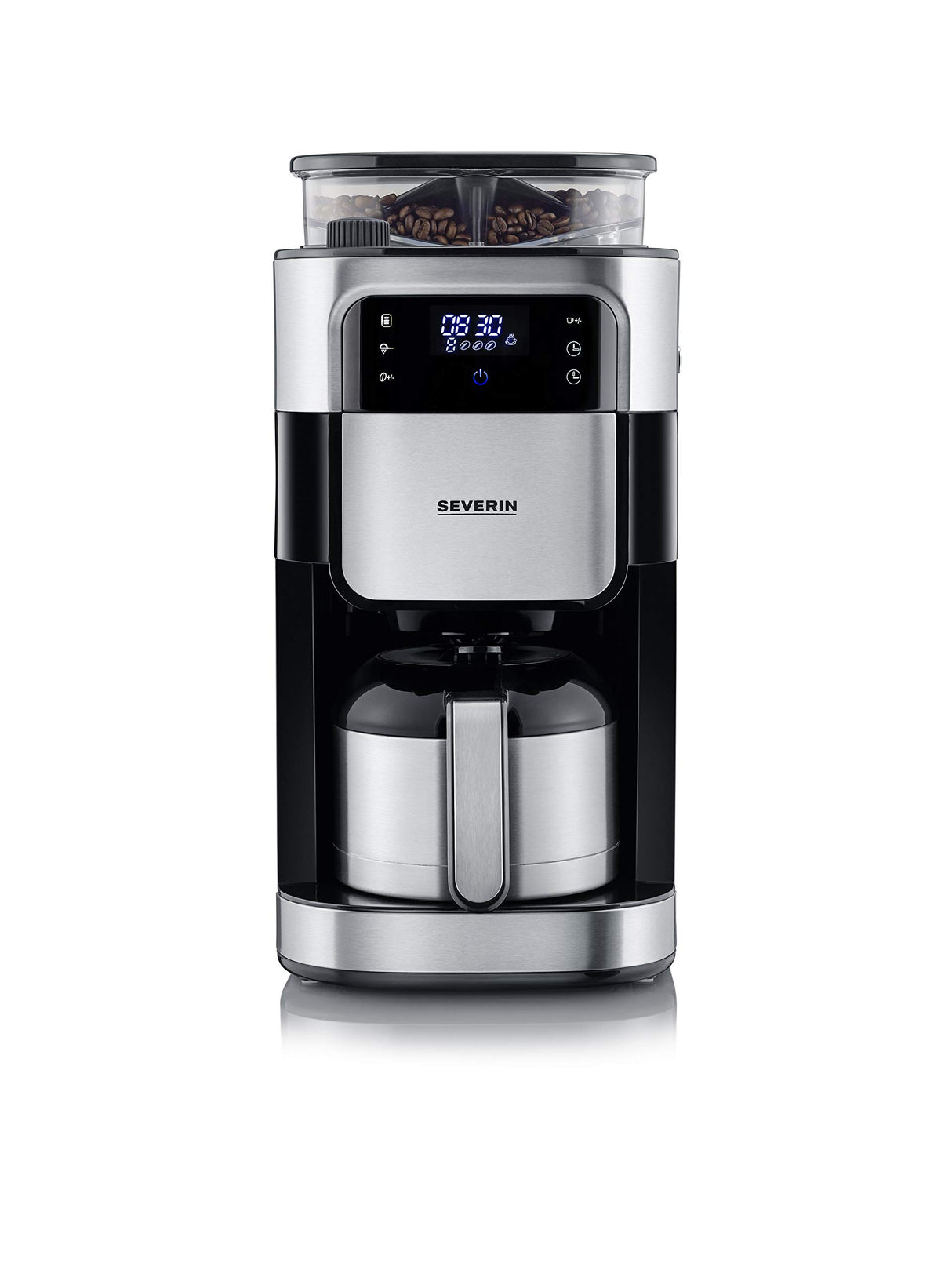 SEVERIN - Cafetera de goteo con molinillo hasta 10 tazas, Cafetera de filtro / Cafetera americana con jarra de cristal de 1l, con pantalla LED con temporizador, Acero inoxidable / Negro, KA 4814