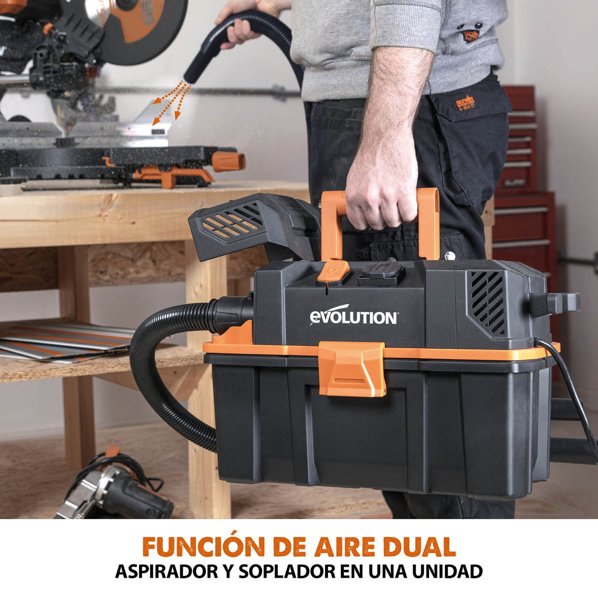 Evolution Extractor de polvo de aspirador en húmedo y seco R15VAC con toma de fuerza. Potente motor de 1000 vatios. Función de aire dual