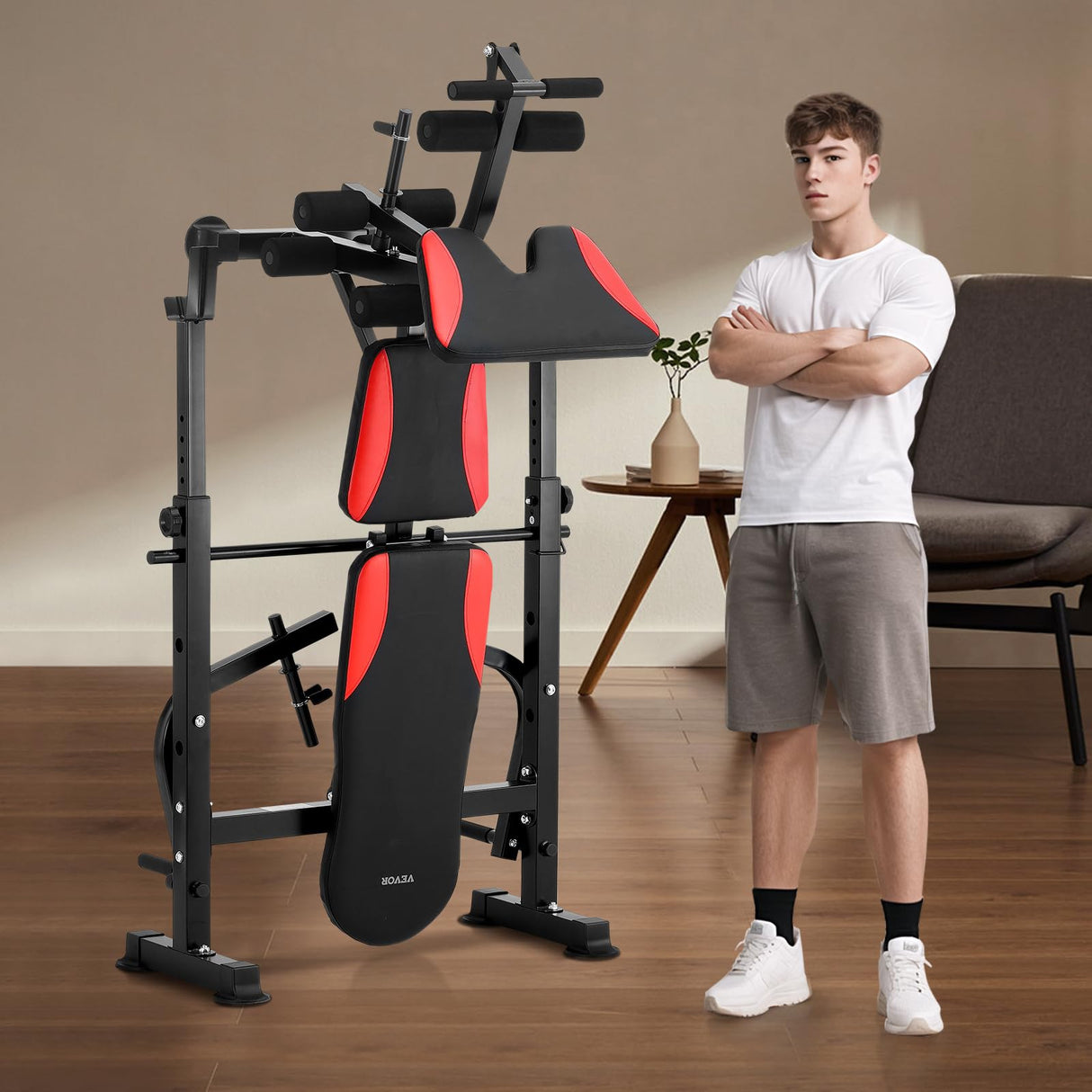 VEVOR Banco de Pesas Ajustable Multifuncional para Entrenamiento de Cuerpo Completo, Banco de Ejercicios de 300 kg para Entrenamiento de Fuerza en el Gimnasio en Casa, 1730 x 1370 x 1300 mm, Negro