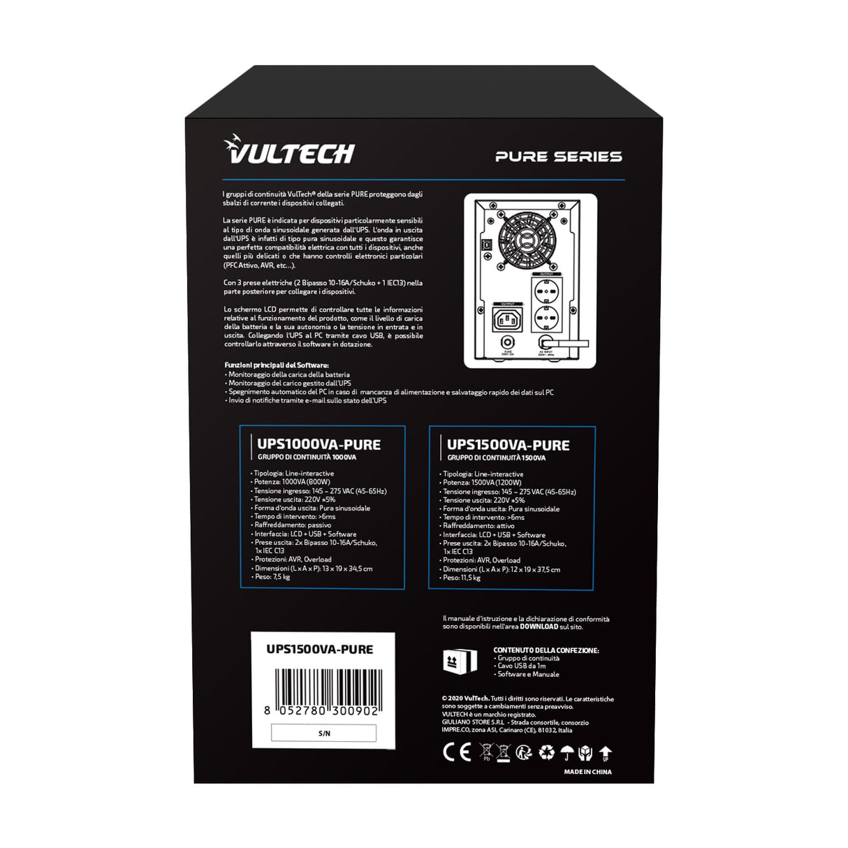 Vultech Sistema de alimentación ininterrumpida ups 1000 VA Pure - Line-Interactive con Onda sinusoidal Pura - Pantalla LCD