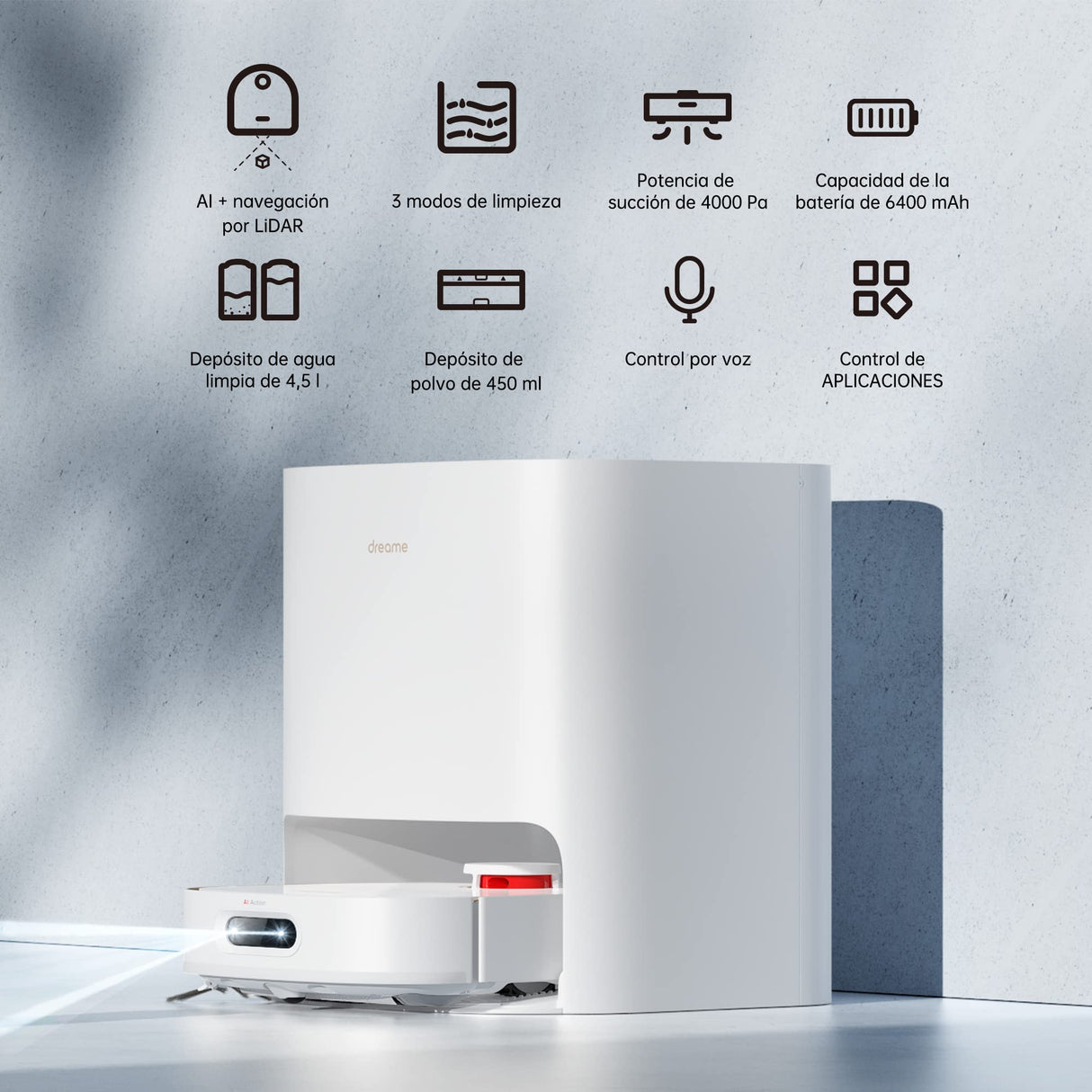 Dreame W10 Pro Robot Aspirador y Fregasuelos con Estación de Autolimpieza Automática, Potencia Succión 4000 Pa, Detección de Obstáculos 3D, Mapeo de navegación Lidar, WiFi/App/Alexa, Color Blanco
