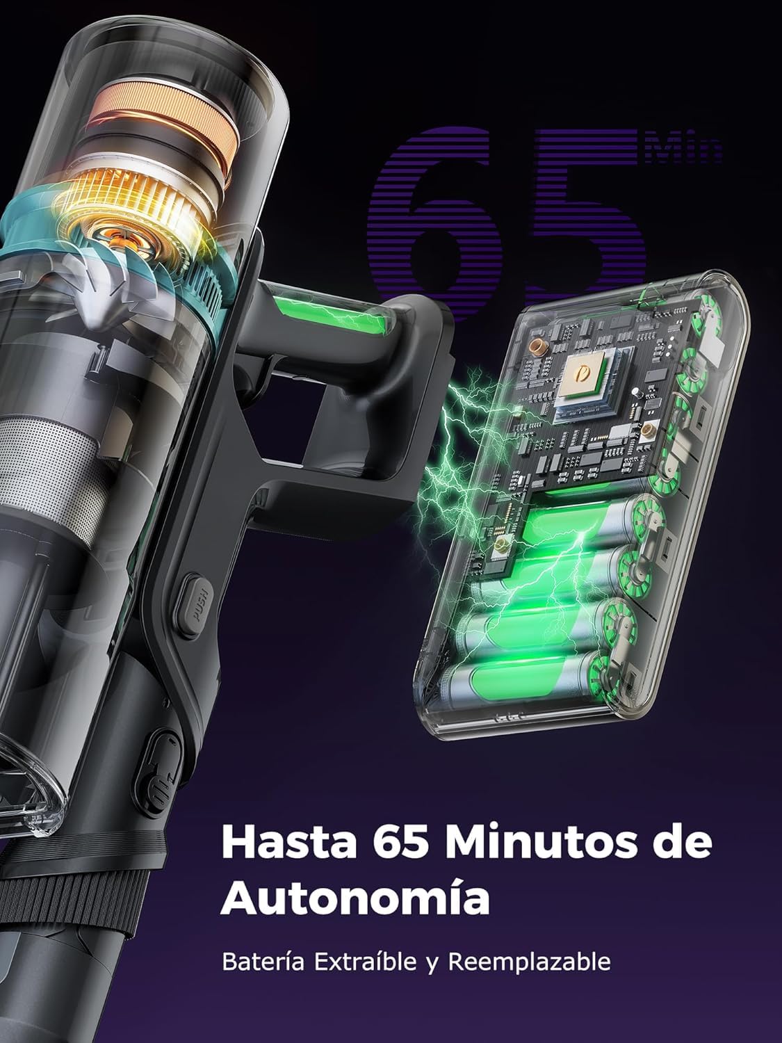 Proscenic P16 Aspiradora sin Cable 55Kpa/550W/65Mins, Aspiradora Escoba Vertical con Tubo Plegable, Cepillo Anti-Enredo y Pantalla Táctile LED para Suelo/Alfombra/Pelos de Mascotas