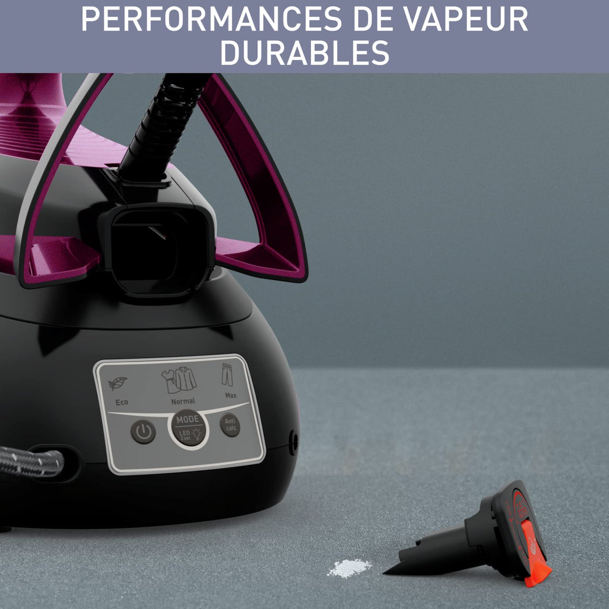 Calor central vapor, 6,9 bares, flujo de vapor 130 g/min, función de prensado 480 g/min, tanque 1,8 L, Led Vision, colector de piedra caliza, fabricado en Francia, púrpura/negro SV8152C0