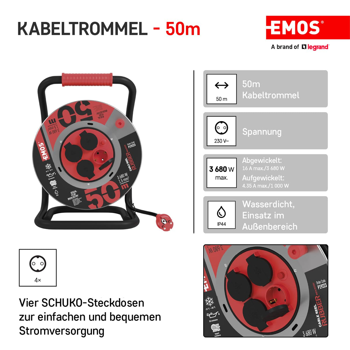 EMOS tambor cable 50 m acero, 4 Schuko, 230 V 16 A 3680 W, goma H07RN-F 1.5 mm², IP44, resistente agua, golpes, aceite, intemperie