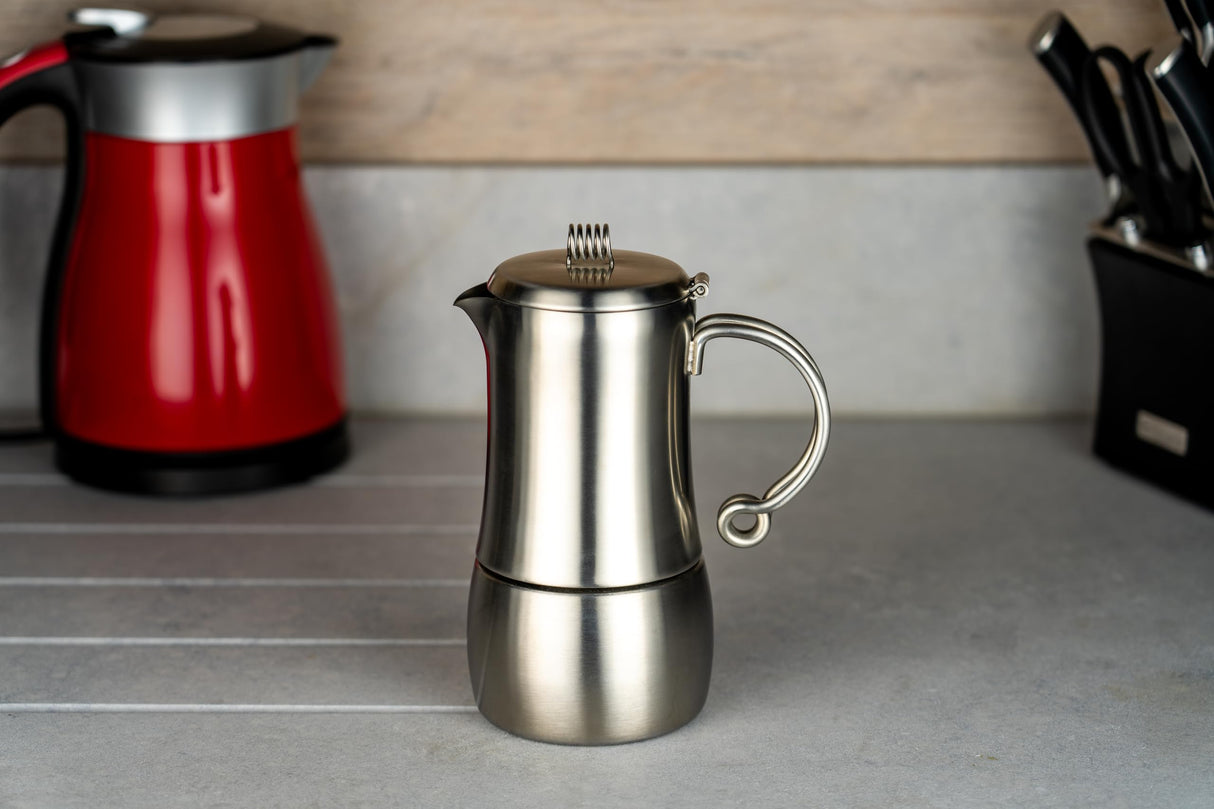 Café Stål MEC-06M Elements Espresso Cafetera de acero inoxidable 18/10 – Pulido brillante con tapa abatible, adecuado para 6 tazas de mokkatassen acero