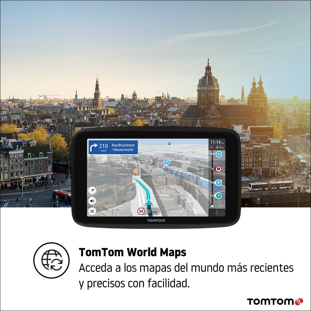 TomTom GPS para coche GO Discover, 6 pulgadas, con tráfico y radares, mapas del mundo, actualizaciones rápidas via WiFi, disponibilidad de parking, precios de combustible, soporte Click-Drive