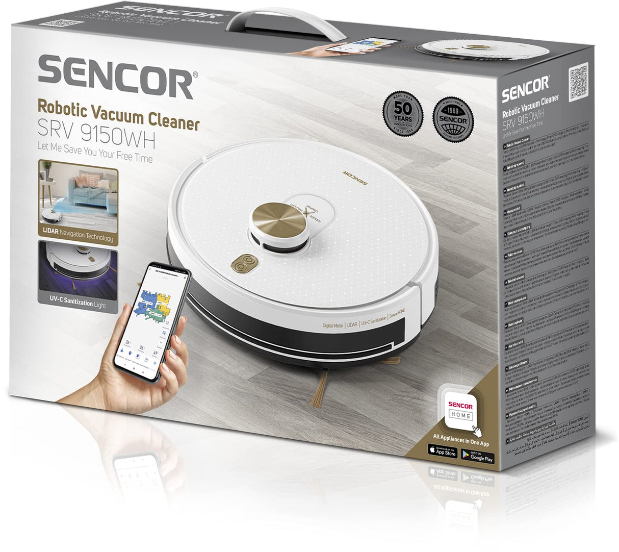 Sencor Robot Aspirador y Fregasuelos, Lámpara de Desinfección UVC, WiFi con Aplicación, Cartografía en 5 Pisos con Planificación Inteligente, Navegación Láser Precisa, Detección de Obstáculos, 120min