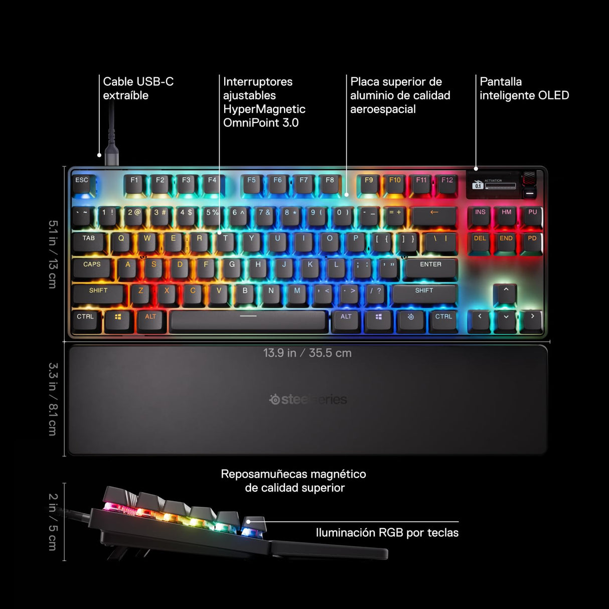 SteelSeries Apex Pro TKL Gen 3 - Teclado Mecanico Gaming - HyperMagnetic Interruptores OmniPoint 3.0 - Accionamiento Ajustable - Rapid Trigger - Preajustes - Rapid Tap - RGB - OLED - UK QWERTY