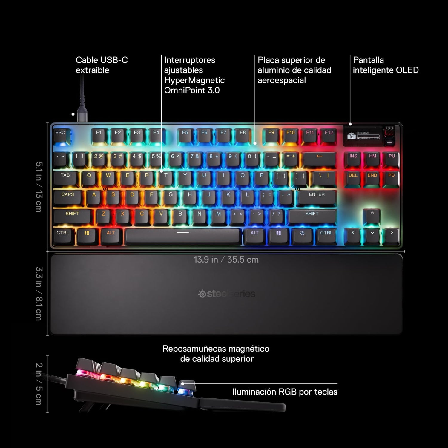 SteelSeries Apex Pro TKL Gen 3 - Teclado Mecanico Gaming - HyperMagnetic Interruptores OmniPoint 3.0 - Accionamiento Ajustable - Rapid Trigger - Preajustes - Rapid Tap - RGB - OLED - UK QWERTY