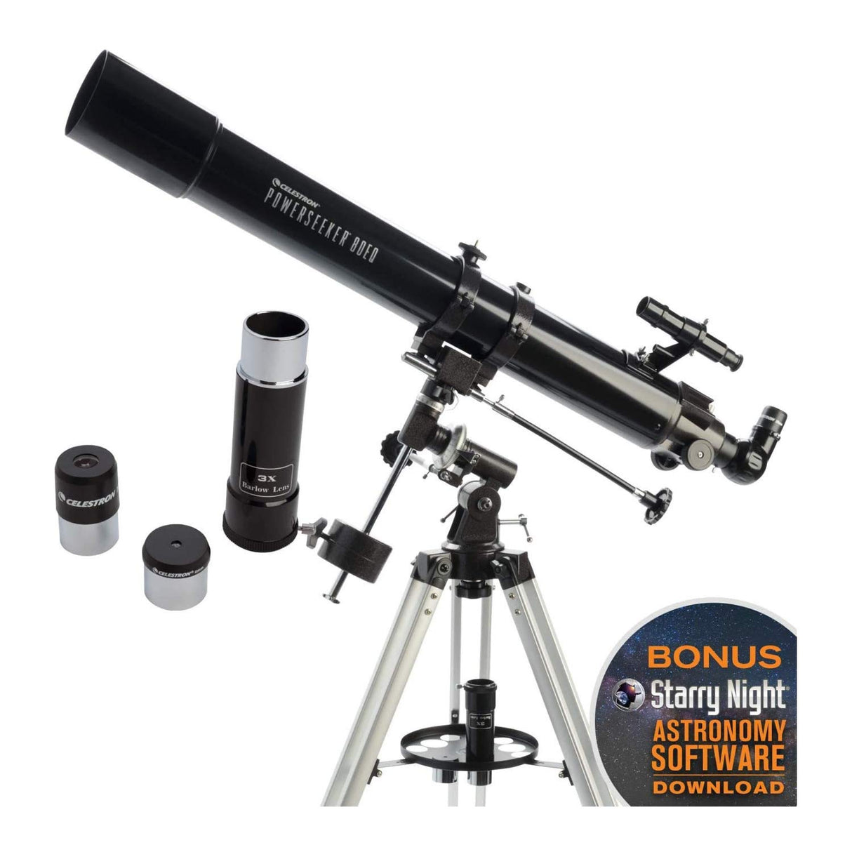 Celestron 21048 PowerSeeker 80EQ Telescopio Refractor: Incluye Dos oculares, Diagonal de Imagen Recta, Lente Barlow de 3 aumentos, trípode Ajustable en Altura y Bandeja de Accesorios de Lujo, Negro